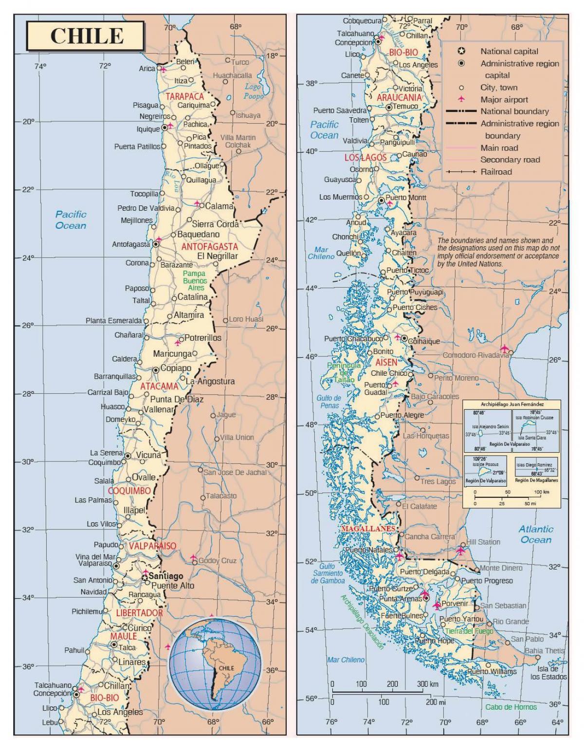 mappa del Cile con la città